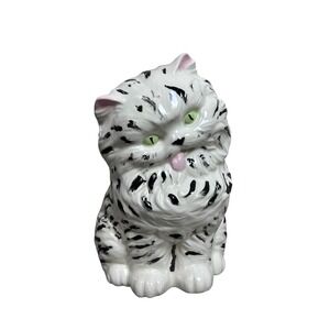 Vintage Ceramic Persian White Cat‎ Figurine Kitty Statue Green Eyes Decor 10.5"